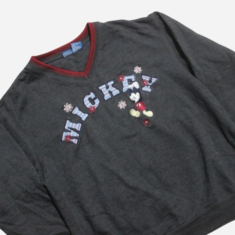 Mens Y2K Embroidered Mickey Spellout Disney V-neck Crewneck Sweatshirt